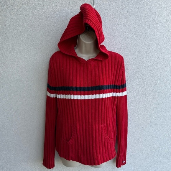 Ralph Lauren Red Hooded chunky Sweater Vintage Heavy Knit Large Cotton - Picture 12 of 12